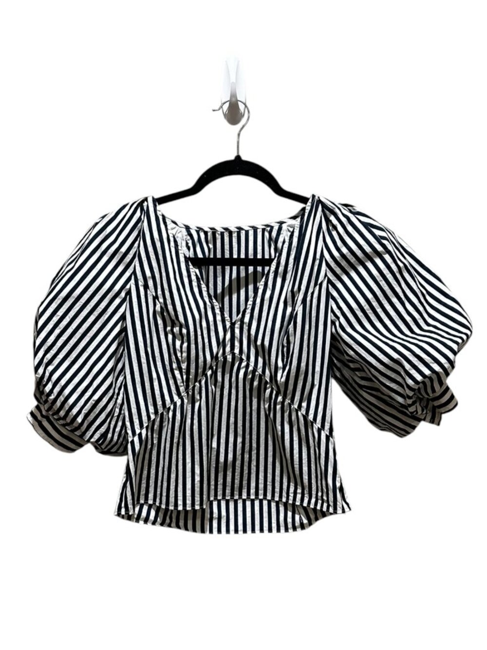 FRAME Puff Sleeve Organic Cotton Top Blouse Striped White and Blue